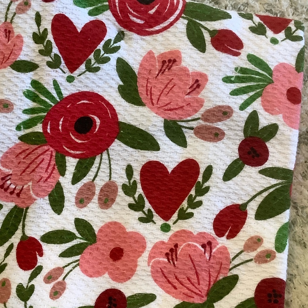 Valentine's Day Hearts Floral Colordrift Kitchen Towels NWT set of 2 cotton - Picture 8 of 16